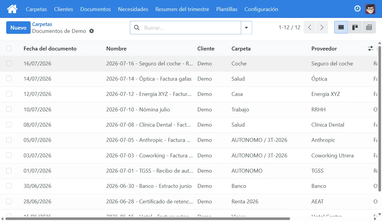 Llista de documents amb carpeta, proveïdor, tipus, període i estat