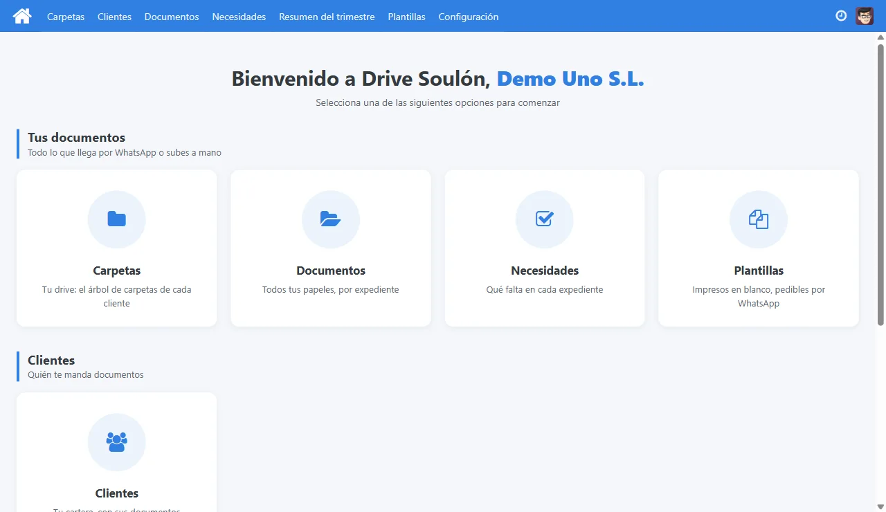 Inici del tauler: targetes de Carpetes, Documents, Necessitats i Plantilles
